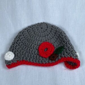 Gray and Red Crochet Child’s Acorn Hat with Rosettes